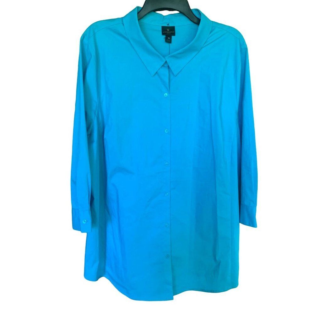 Worthington Blue Collared Spandex Stretch Button Down Shirt 3/4 Sleeve Sz 3X